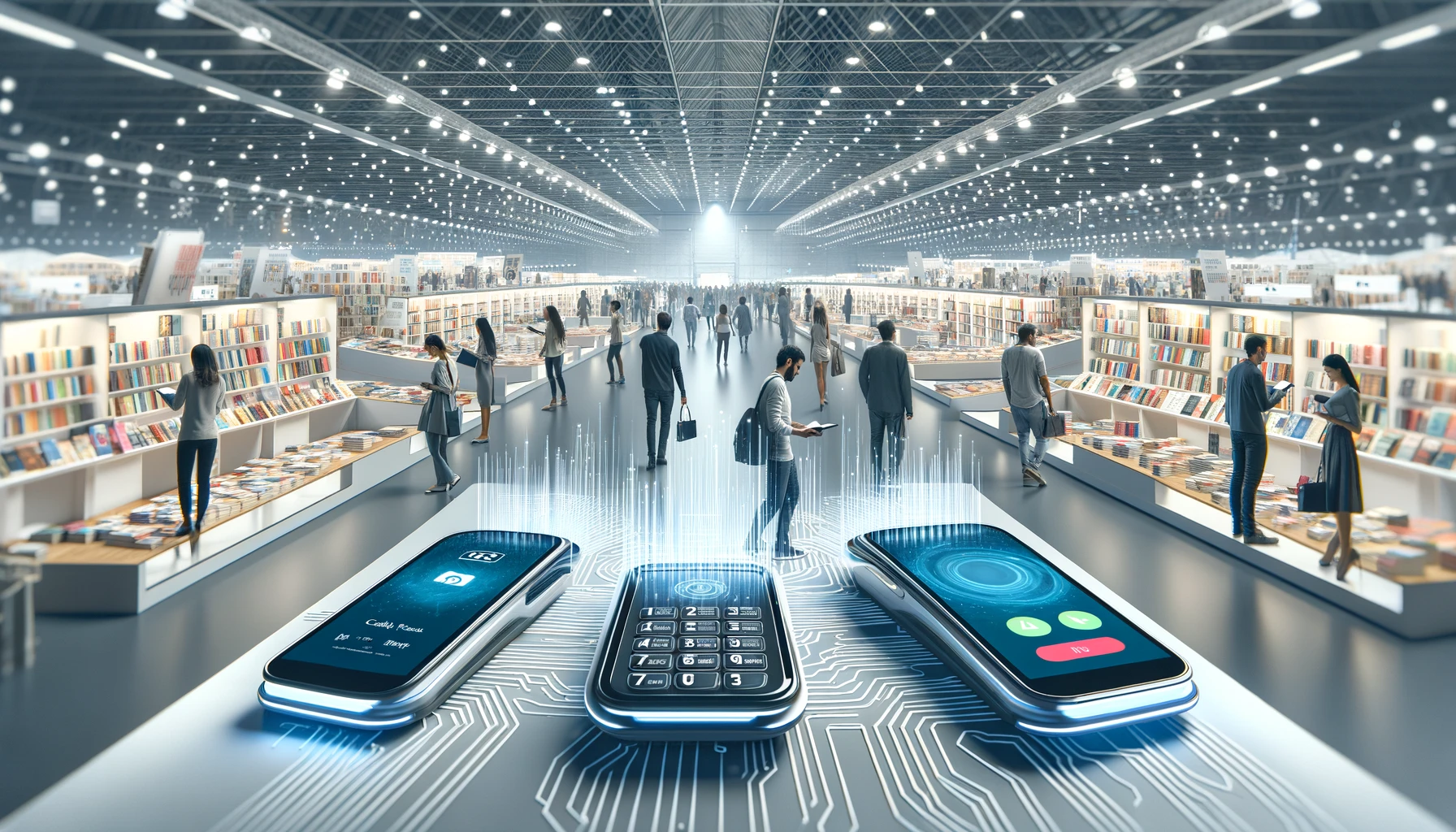 A modern book fair setting in a landscape format. The scene showcases a busy and vibrant book fair with visitors interacting with digital payment device