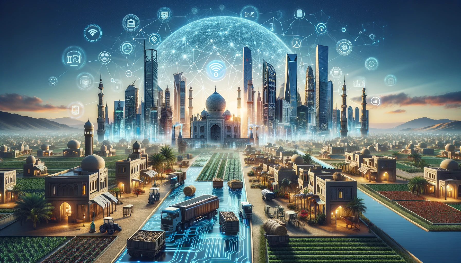 A high-tech landscape format image representing the Internet of Things (IoT) in the Middle East. The scene features a blend of traditional Middle East