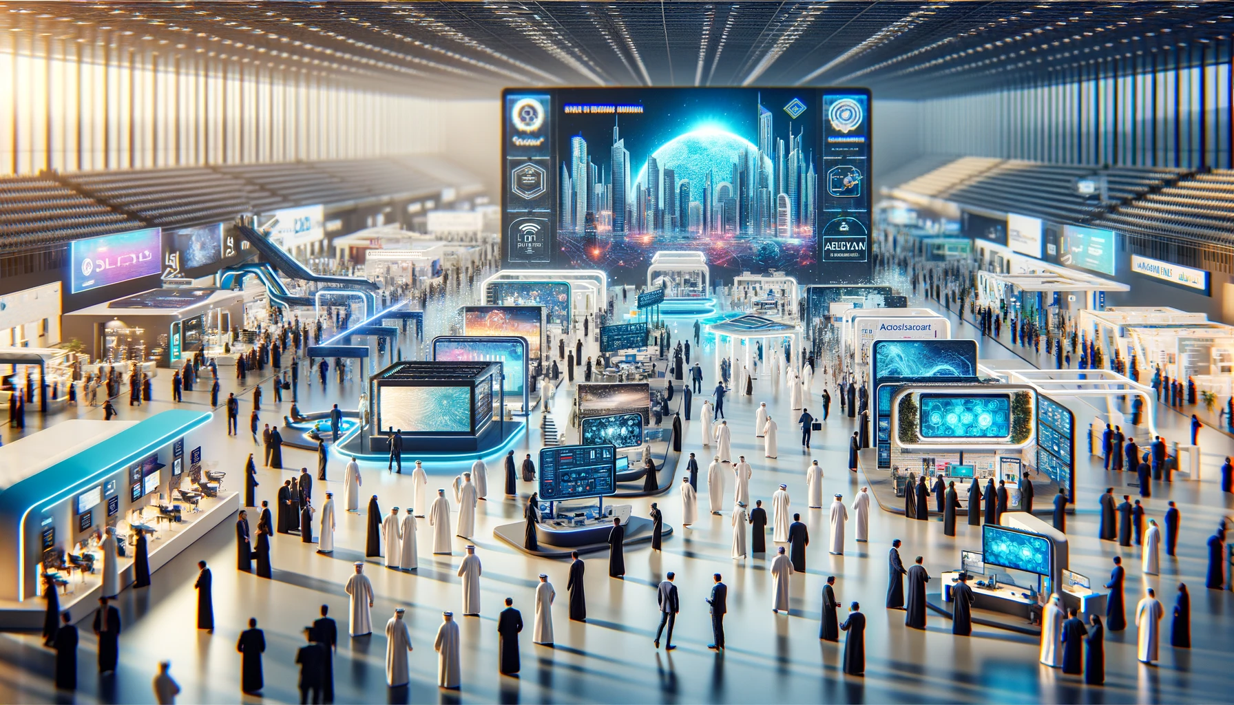 A high-tech conference scene in a landscape format, depicting the COMEX Global Technology Show in Oman. The image features a bustling exhibition hall