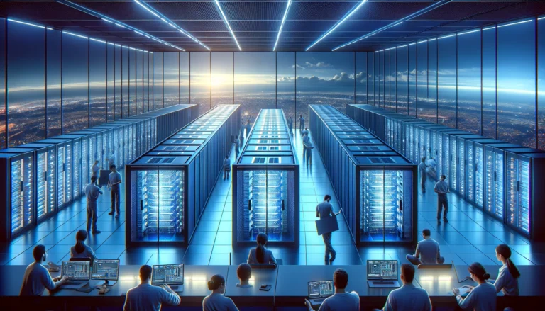 A high-tech data center in a landscape format, depicting the new investment by Ice Warp in Karachi, Pakistan. The scene showcases a modern and secure