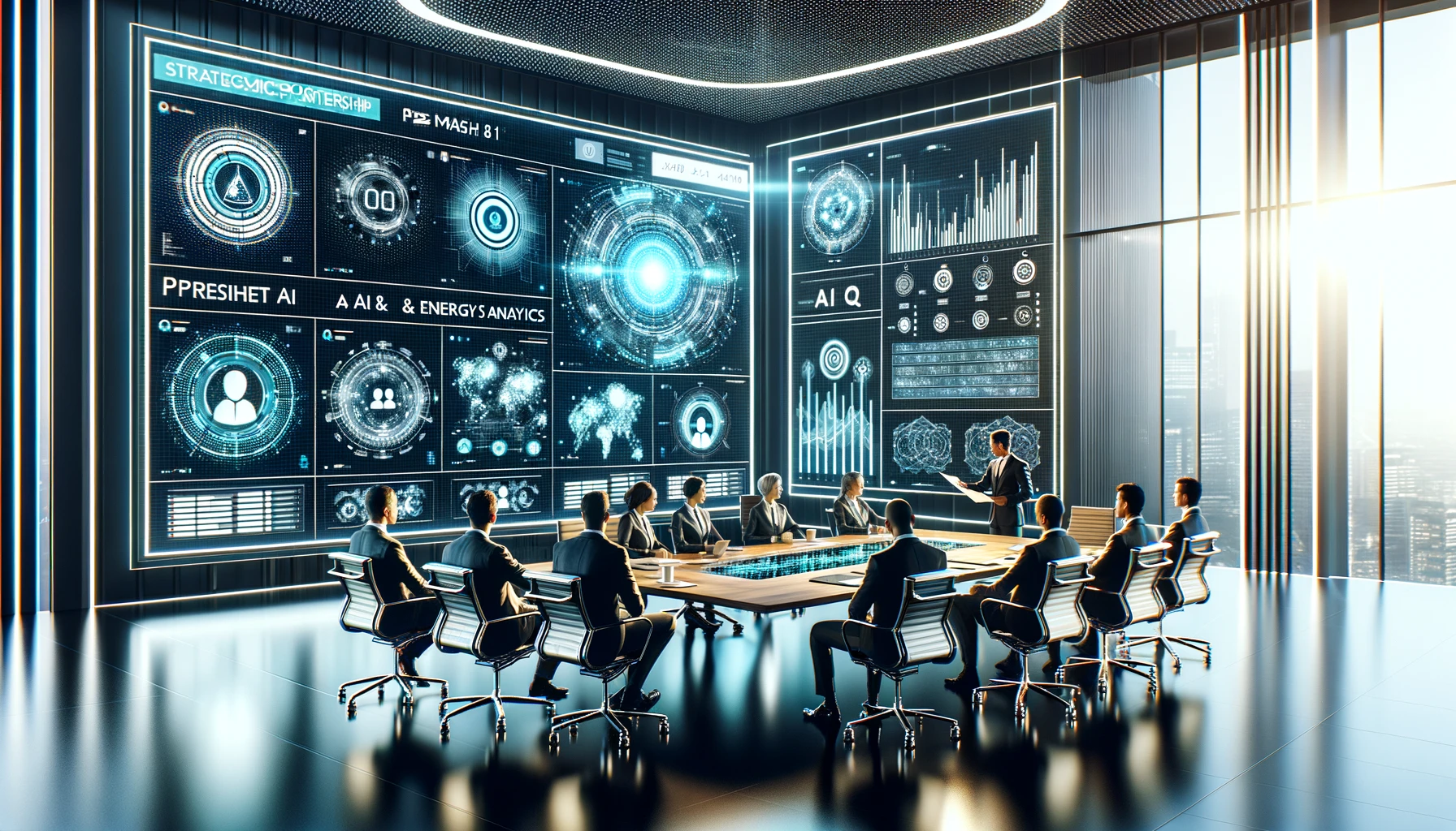 A modern corporate scene in a landscape format, representing the strategic partnership between Presight AI and AIQ. The image features a high-tech, fu