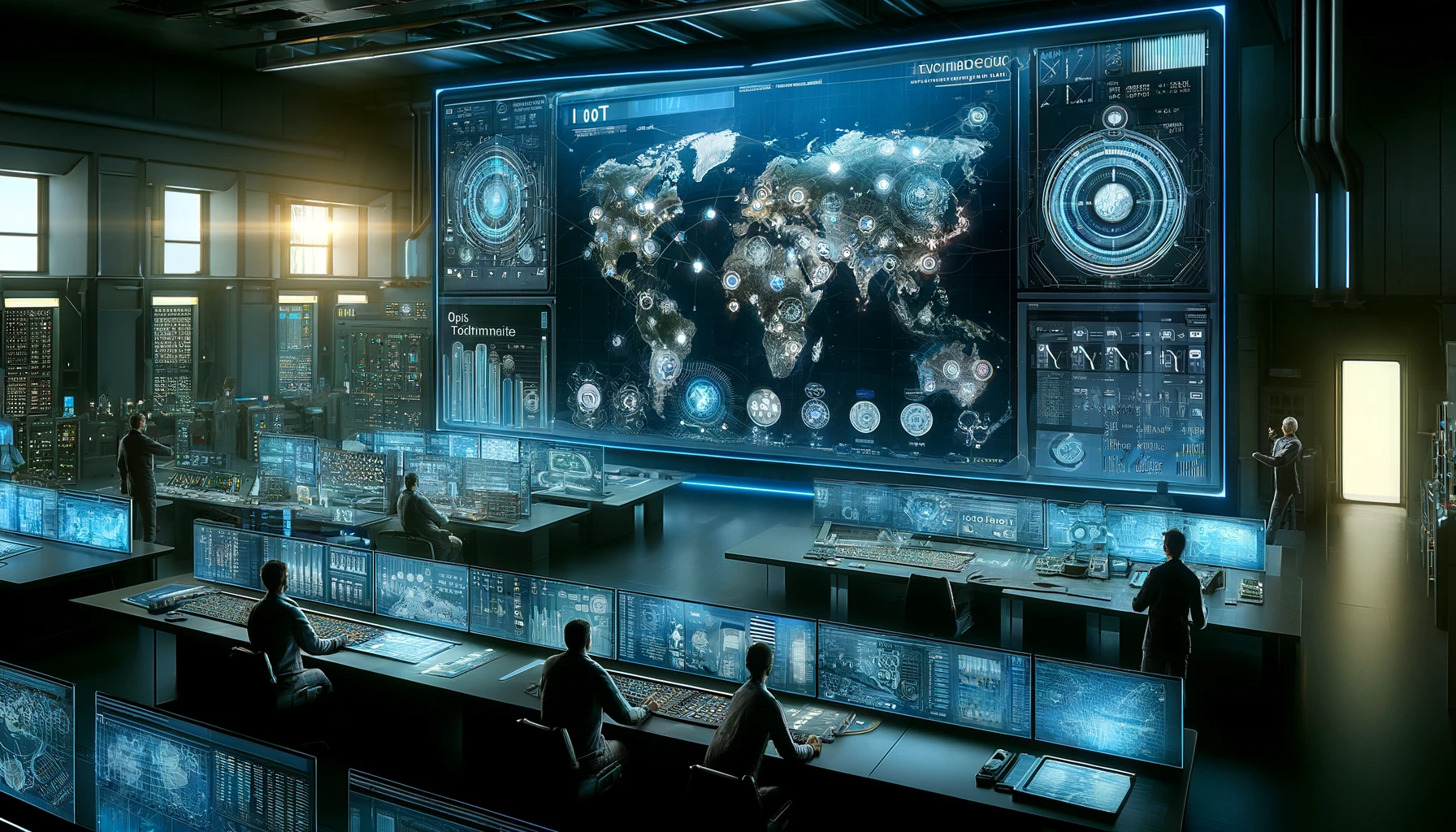 A futuristic technology landscape format image representing the evolution of eSIM technology in the IoT industry. The scene depicts a high-tech digital