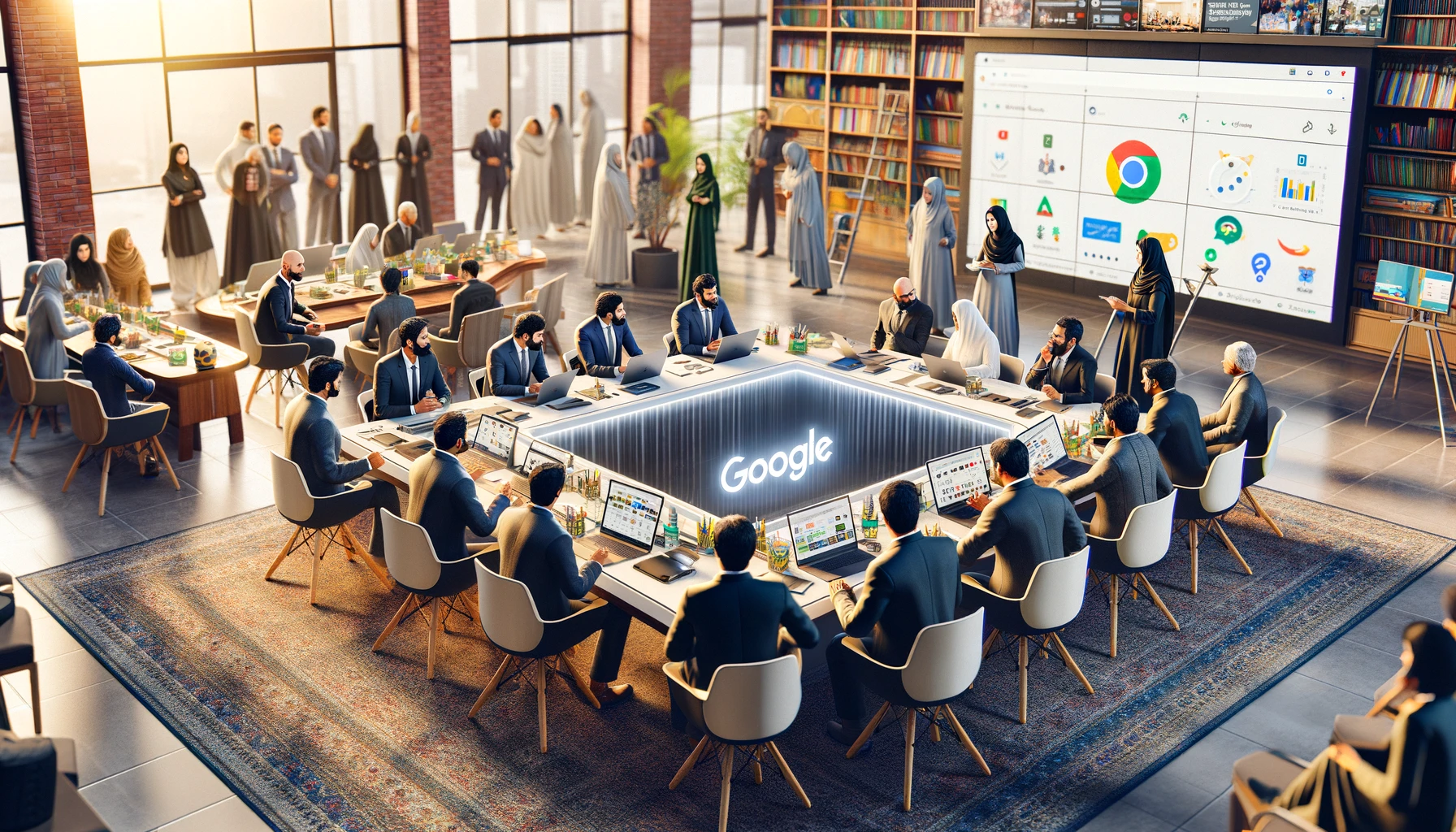 A modern educational setting in landscape format, showcasing a collaborative meeting between Google for Education and Tech Valley Pakistan.