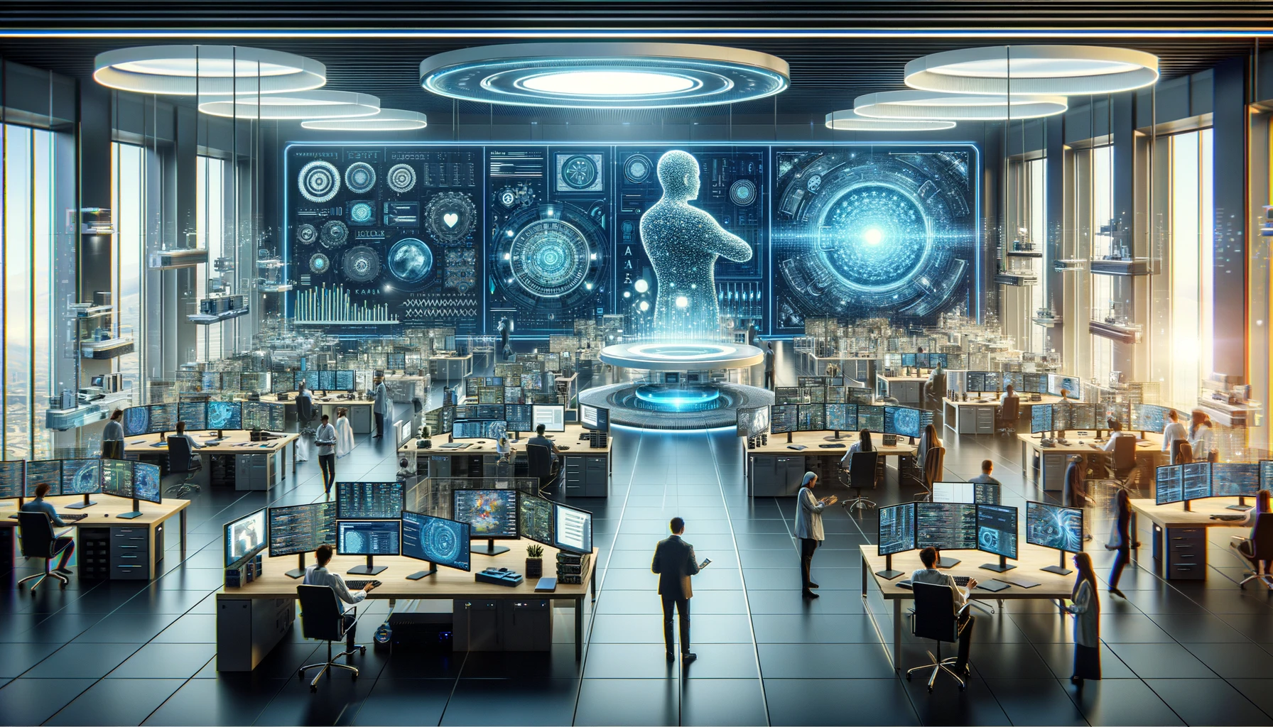 A modern technological landscape format image showcasing a high-tech AI development environment. The scene includes a futuristic laboratory or office