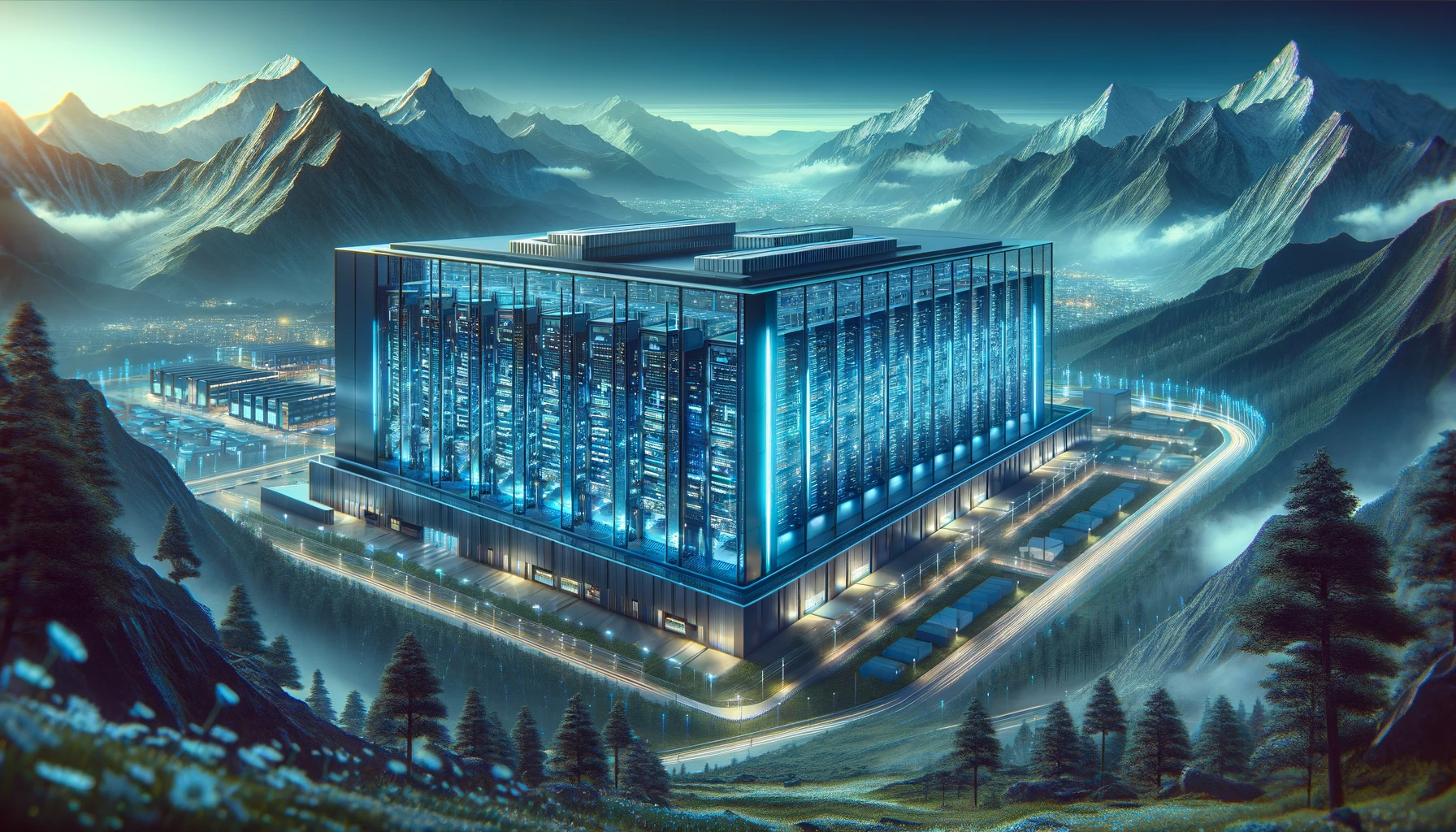 A futuristic data center in a landscape format, illustrating the new supercloud facility in Nepal. The image features a large, modern building with sl