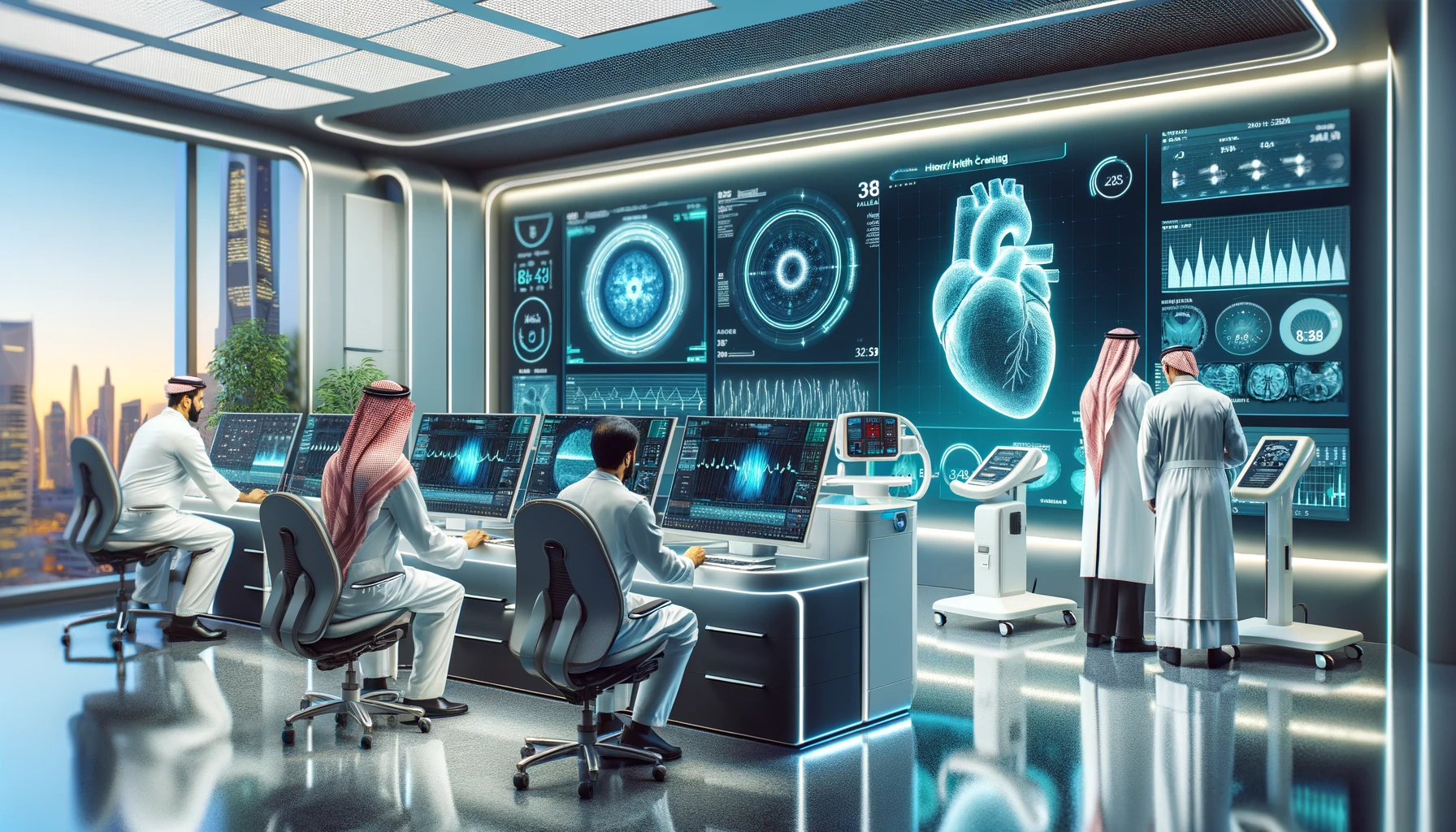 A high-tech medical technology scene in landscape format, showcasing a heart health screening in a modern clinic setting in Saudi Arabia.