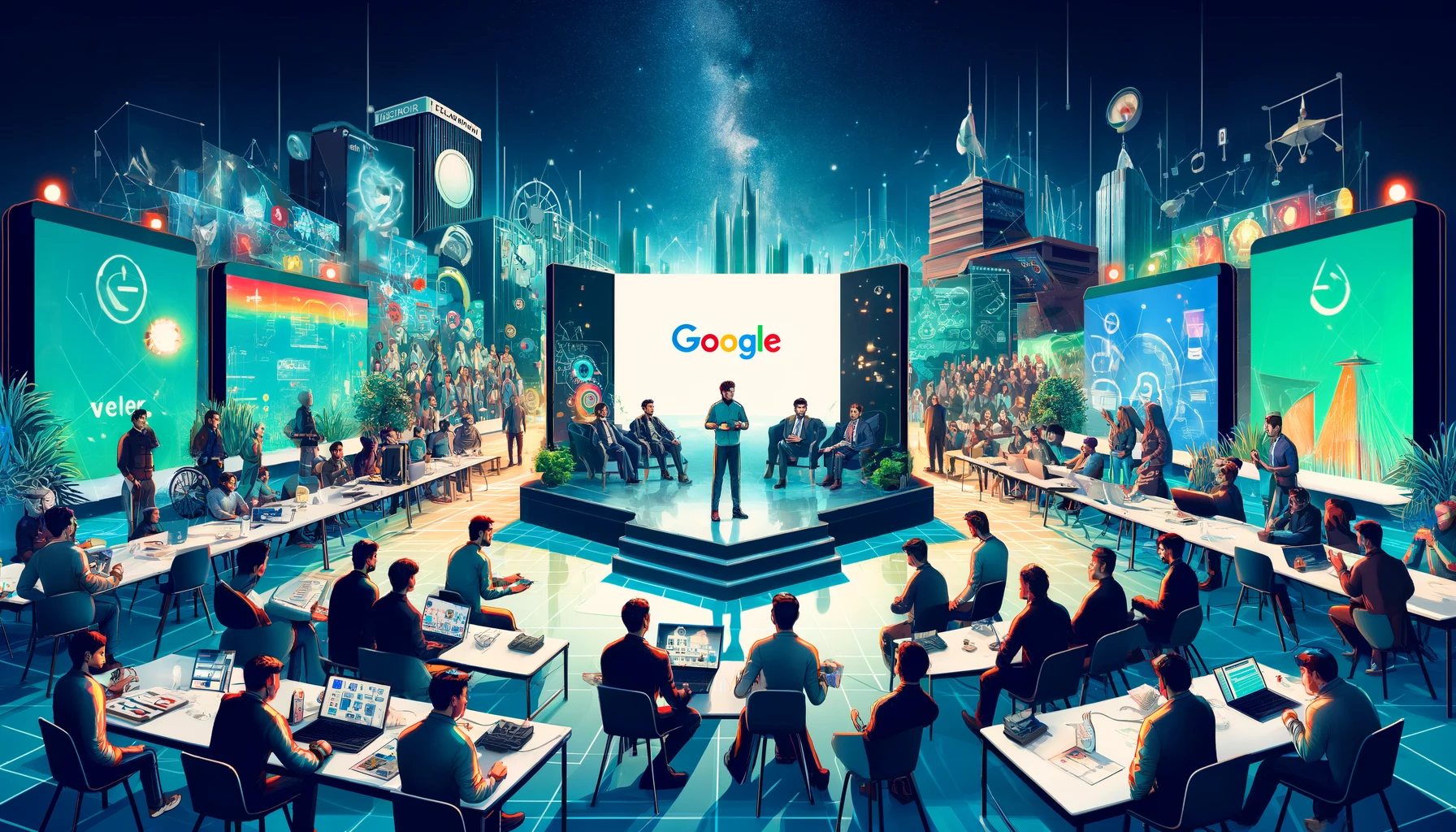 A modern tech event scene in a landscape format, illustrating a vibrant startup competition in Pakistan. The image features a dynamic environment with