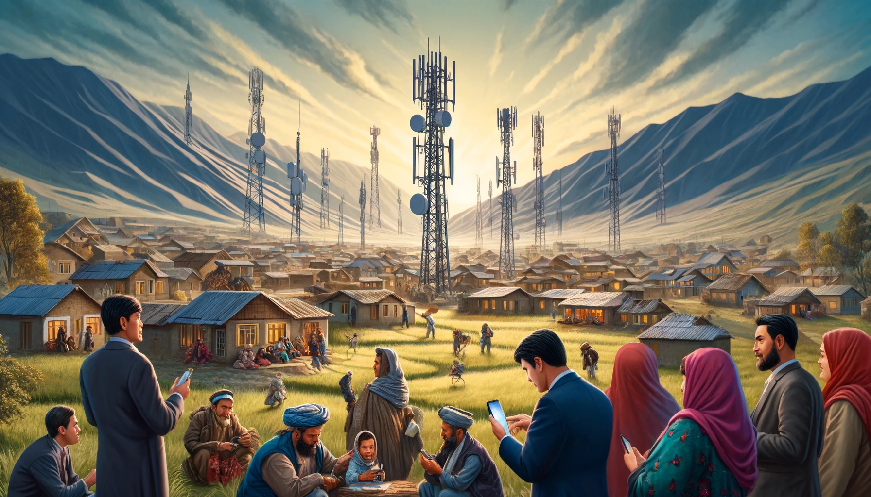 A landscape format image depicting the launch of telecommunications services in a remote district. The scene shows a rural village in Kunar province,