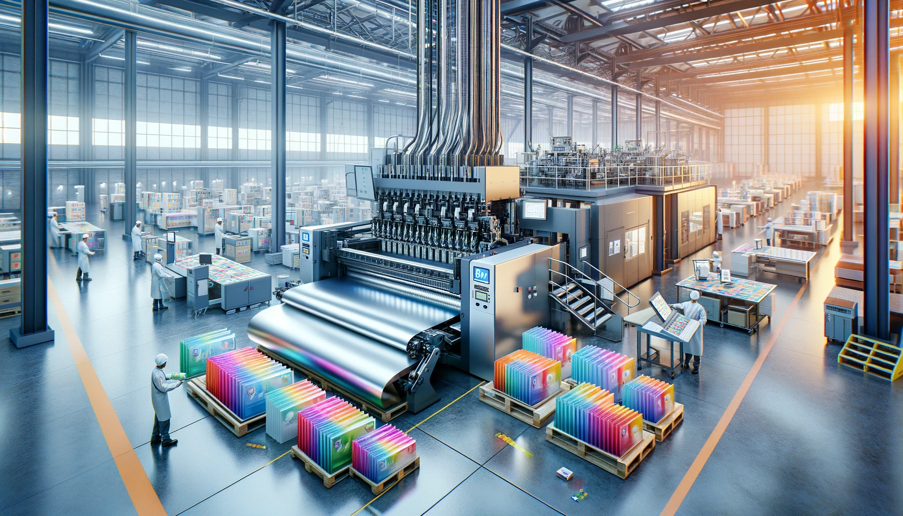 A modern industrial scene in landscape format, showcasing a digital printing factory in Morocco. The image features a high-tech printing press, specif