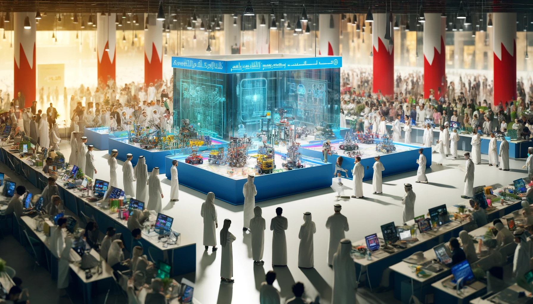 A modern educational event scene in landscape format, depicting the Bahrain National Robotics Competition. The image shows a vibrant competition hall