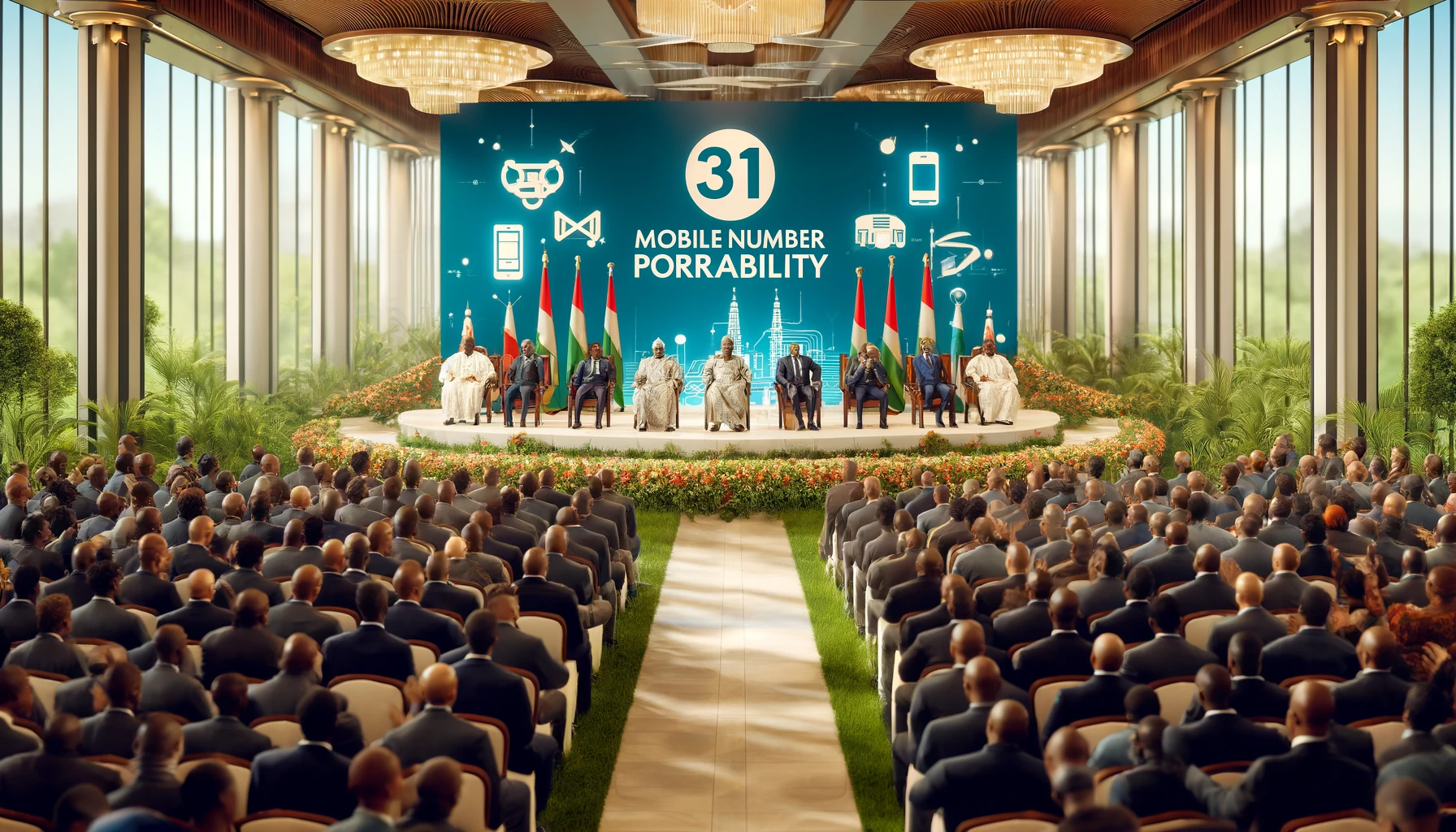 A modern telecommunications event scene in landscape format, depicting the official launch ceremony of mobile number portability in Togo. The setting