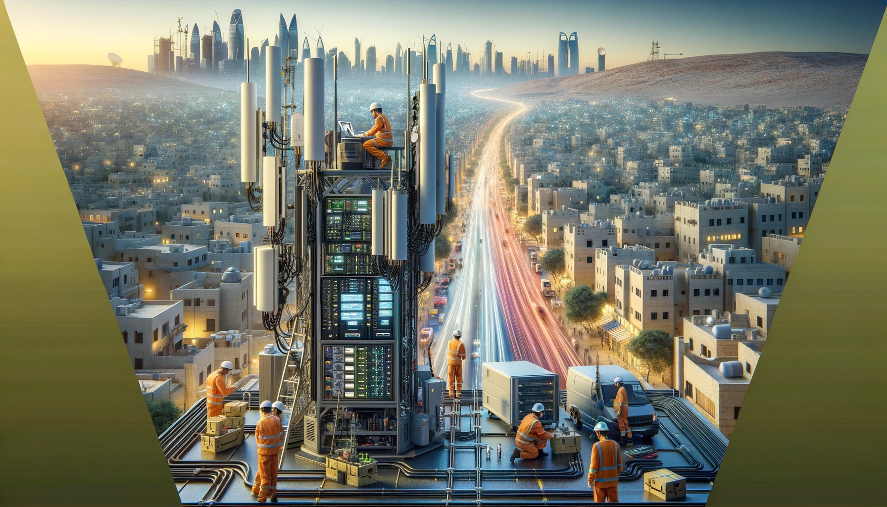 A modern telecommunications infrastructure scene in landscape format, depicting engineers and technicians working on a cellular tower equipped with ad