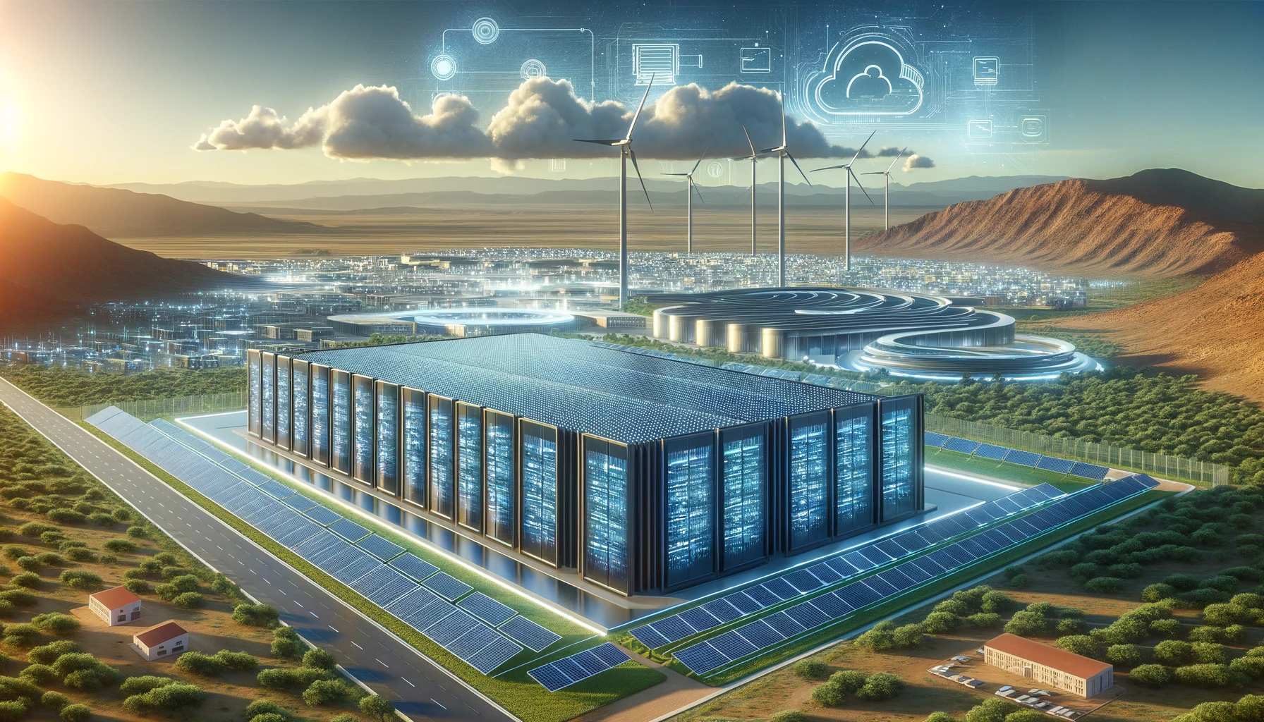 A futuristic landscape scene depicting the construction of a large data center in Tetouan, Morocco. The image shows a modern architectural design with