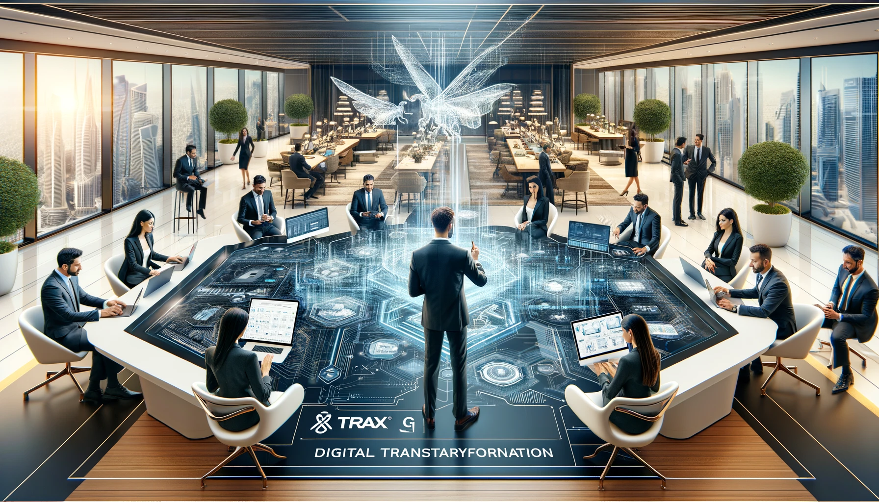 A modern corporate scene in landscape format, depicting a high-tech digital transformation environment. The image features professionals engaged around