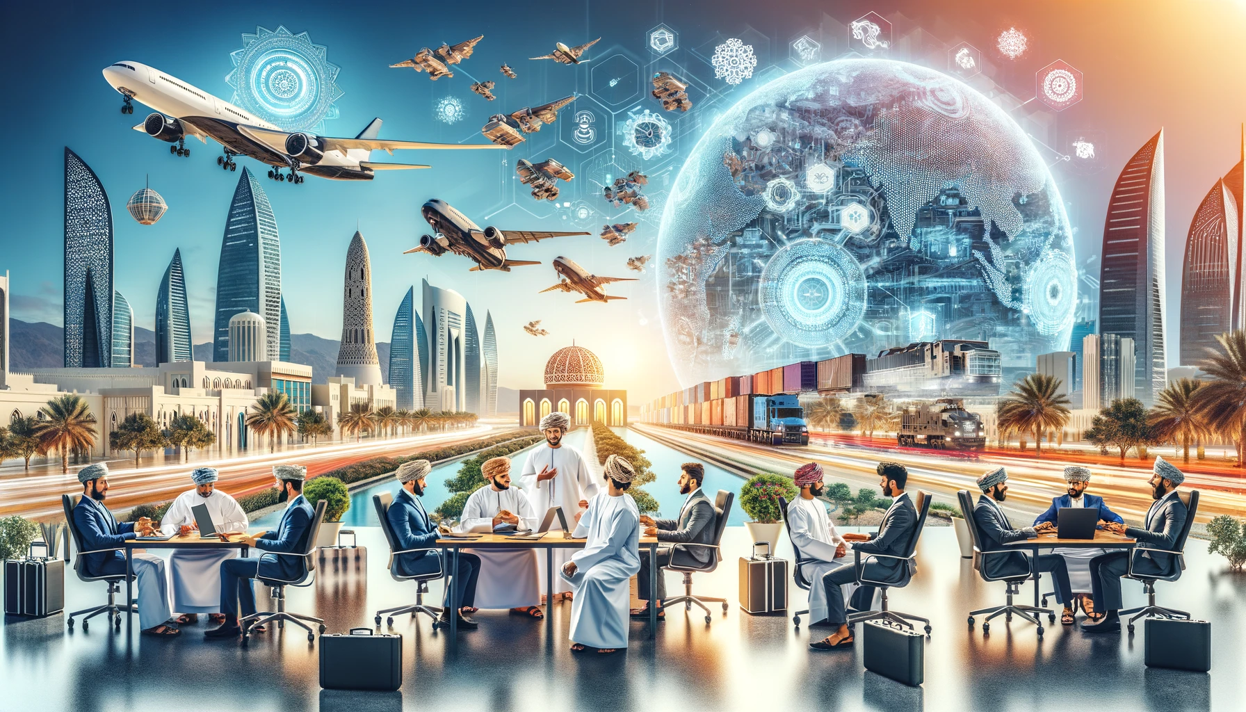 DA modern business landscape scene depicting a high-tech accelerator space in Oman. Include elements like diverse entrepreneurs brainstorming and working