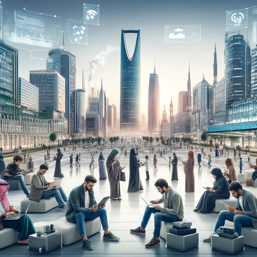 A modern cityscape in Saudi Arabia showing diverse people using various digital devices like smartphones, tablets, and laptops outdoors. The scene ill