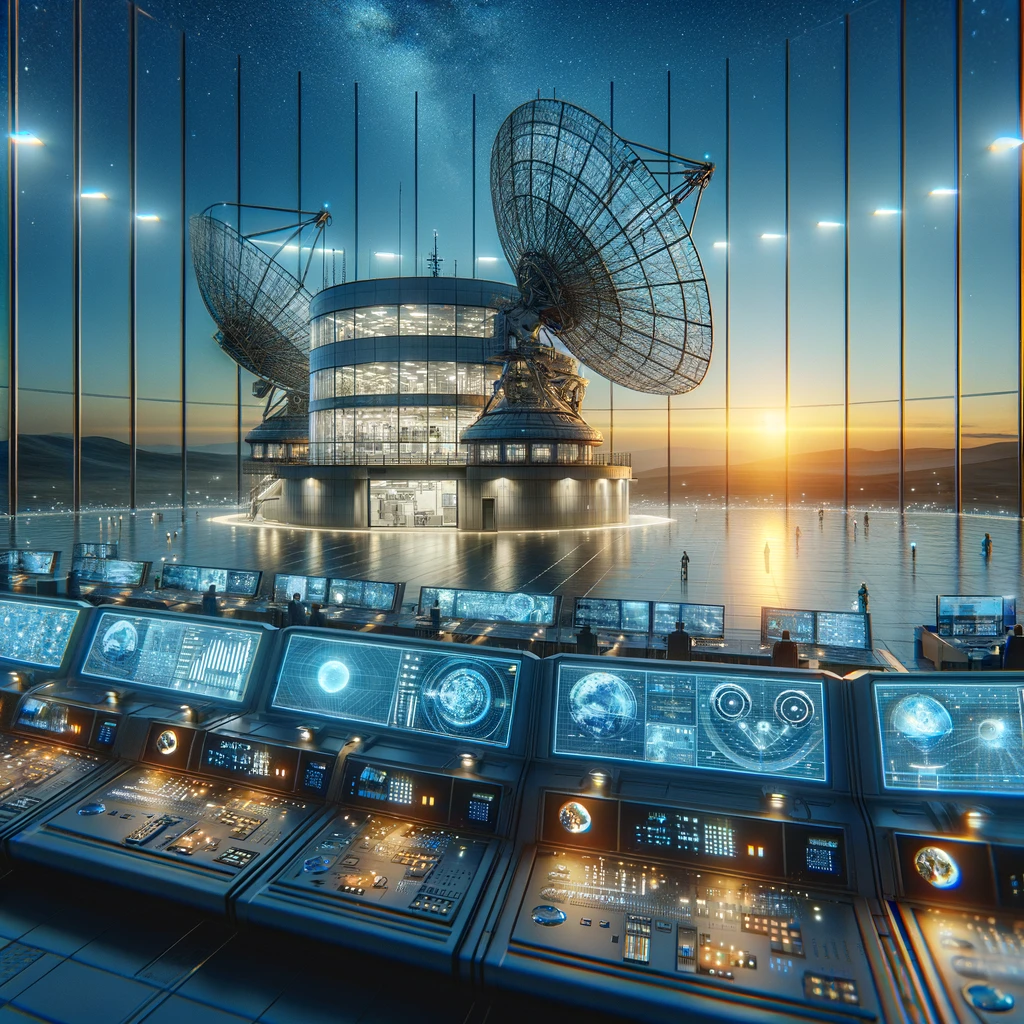 A landscape format image depicting a modern space technology scene, showing a satellite interface station at a space services center. The scene include