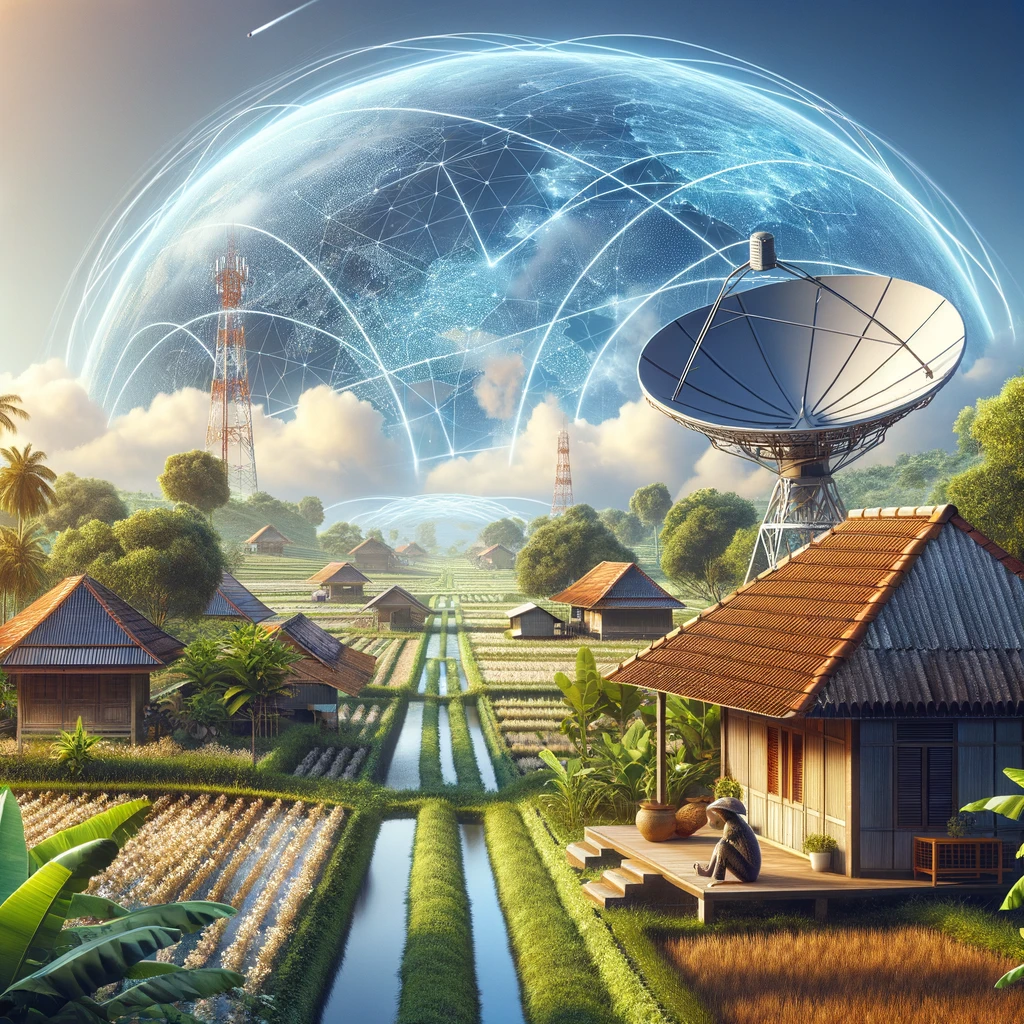 A modern technological scene in Indonesia, featuring a satellite dish and rural landscape with lush greenery and traditional Indonesian houses. The scene