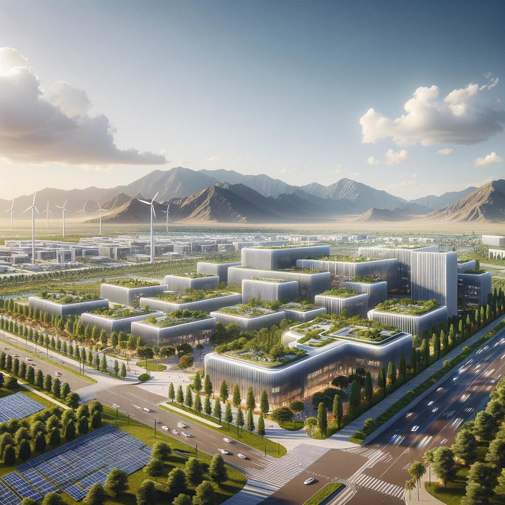 DA futuristic architectural rendering of a sprawling tech park, named Eureka Park, located in Tetouan, Morocco. The scene includes modern, sleek building