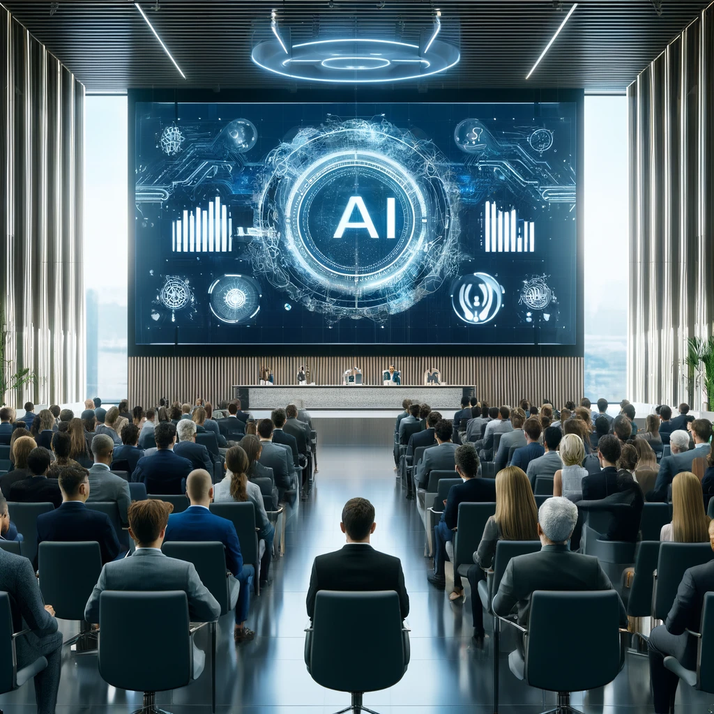 DALL·E 2A modern conference setting depicting an international technology forum focused on artificial intelligence. The scene includes a high-tech, sophisticated