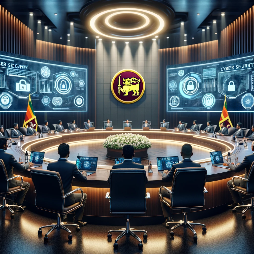 A modern governmental meeting room in Sri Lanka, featuring high-tech digital screens displaying cyber security data. The setting includes Sri Lankan o