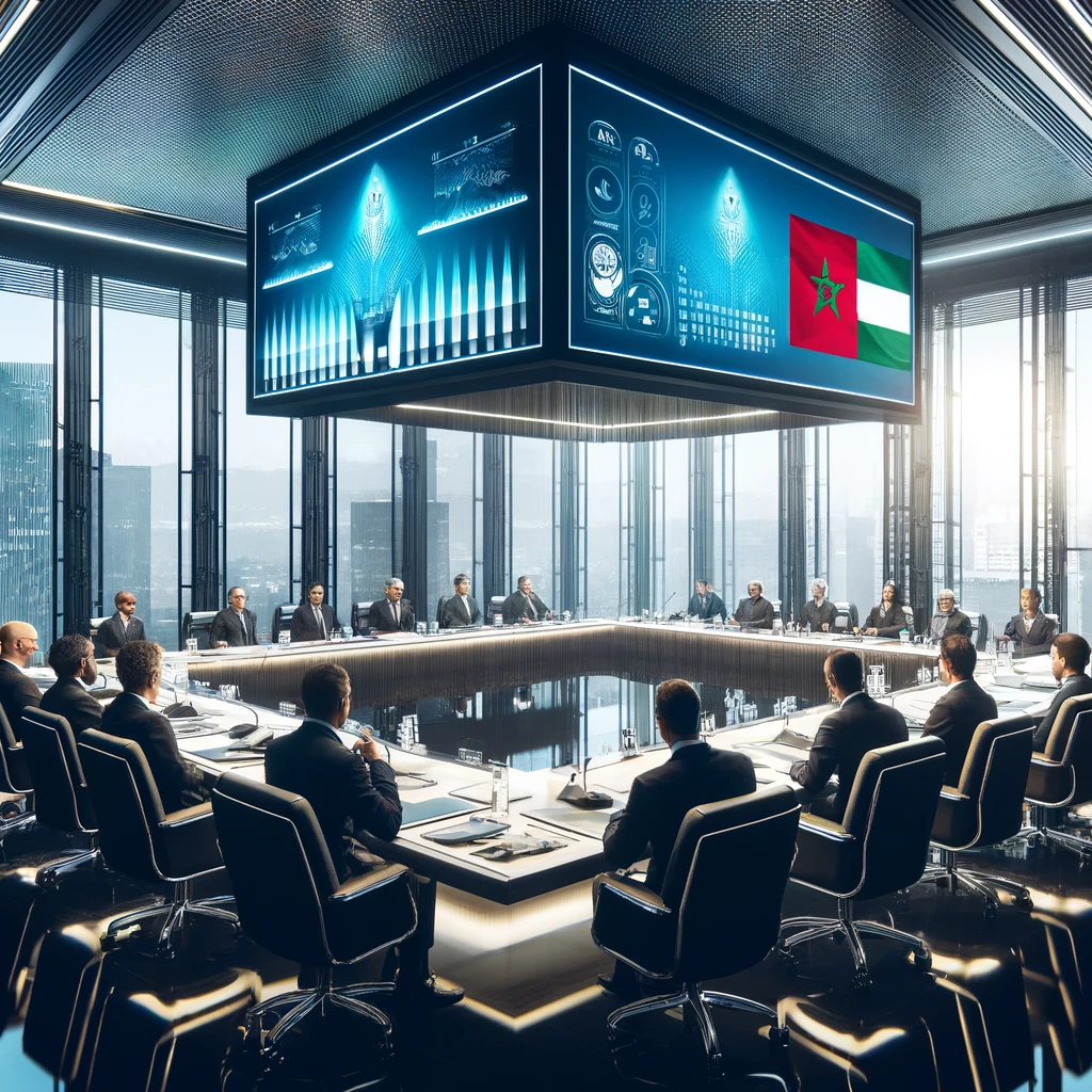 DALLA modern conference room in a tech company's headquarters in San Francisco, depicting a high-level business meeting between Moroccan officials and tech