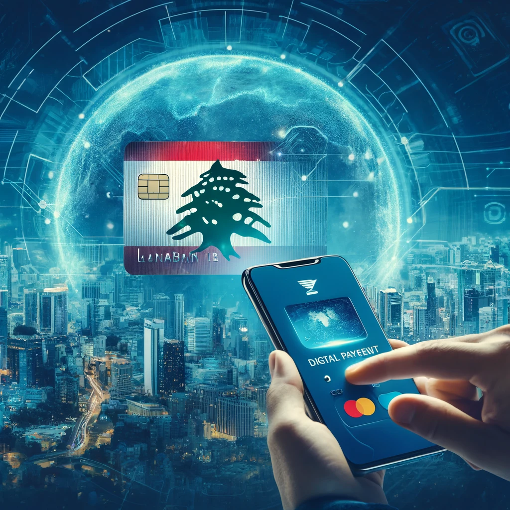 DALL·E 2A modern digital payment scene depicting a user in Lebanon using a smartphone to access a digital payment app, interacting with a virtual Visa card.