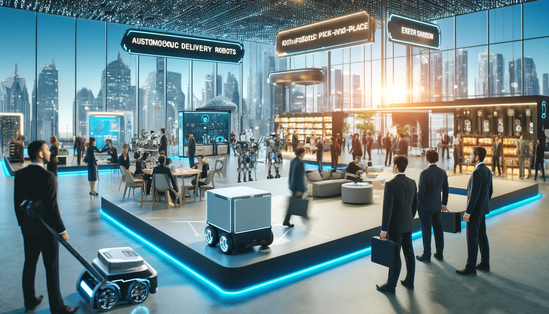 DALA futuristic business exhibition showcasing autonomous delivery robots and an AI-driven robotic pick-and-place platform in a modern convention center