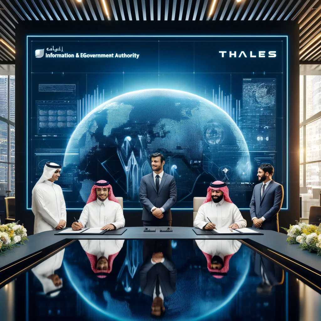 A modern business setting showcasing a signing ceremony between officials of Bahrain's Information & eGovernment Authority (iGA) and Thales,