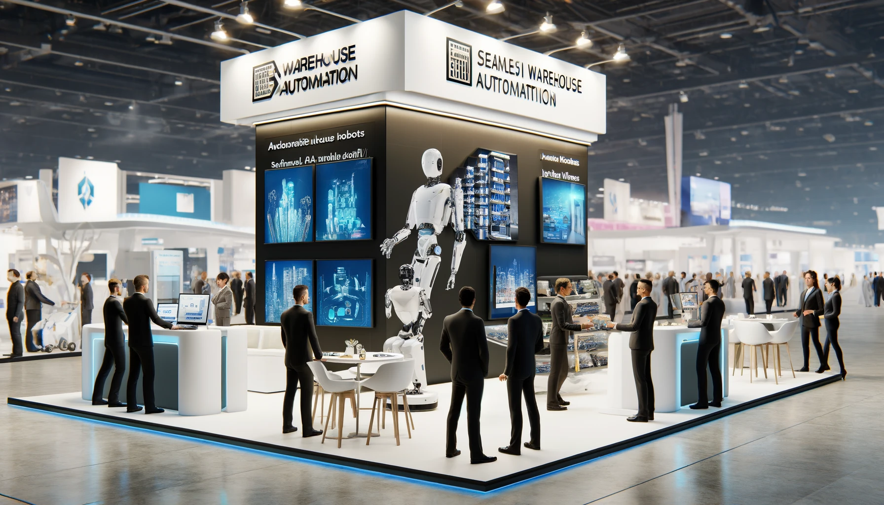 A modern exhibition booth at a business conference, showcasing advanced warehouse automation technologies like autonomous robots and AI-driven software