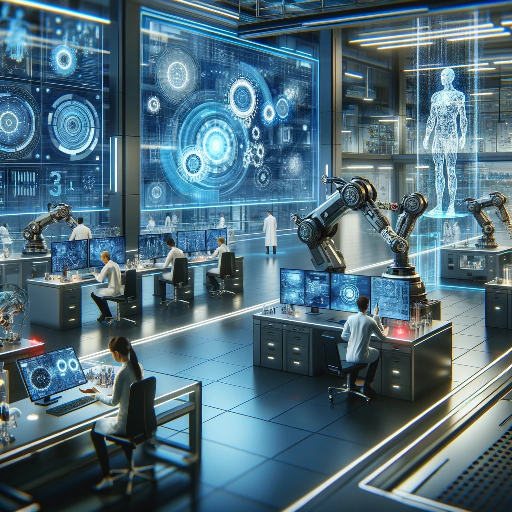 A futuristic research lab scene showcasing advanced AI and technology, with scientists working on computers and advanced equipment. The setting is mod