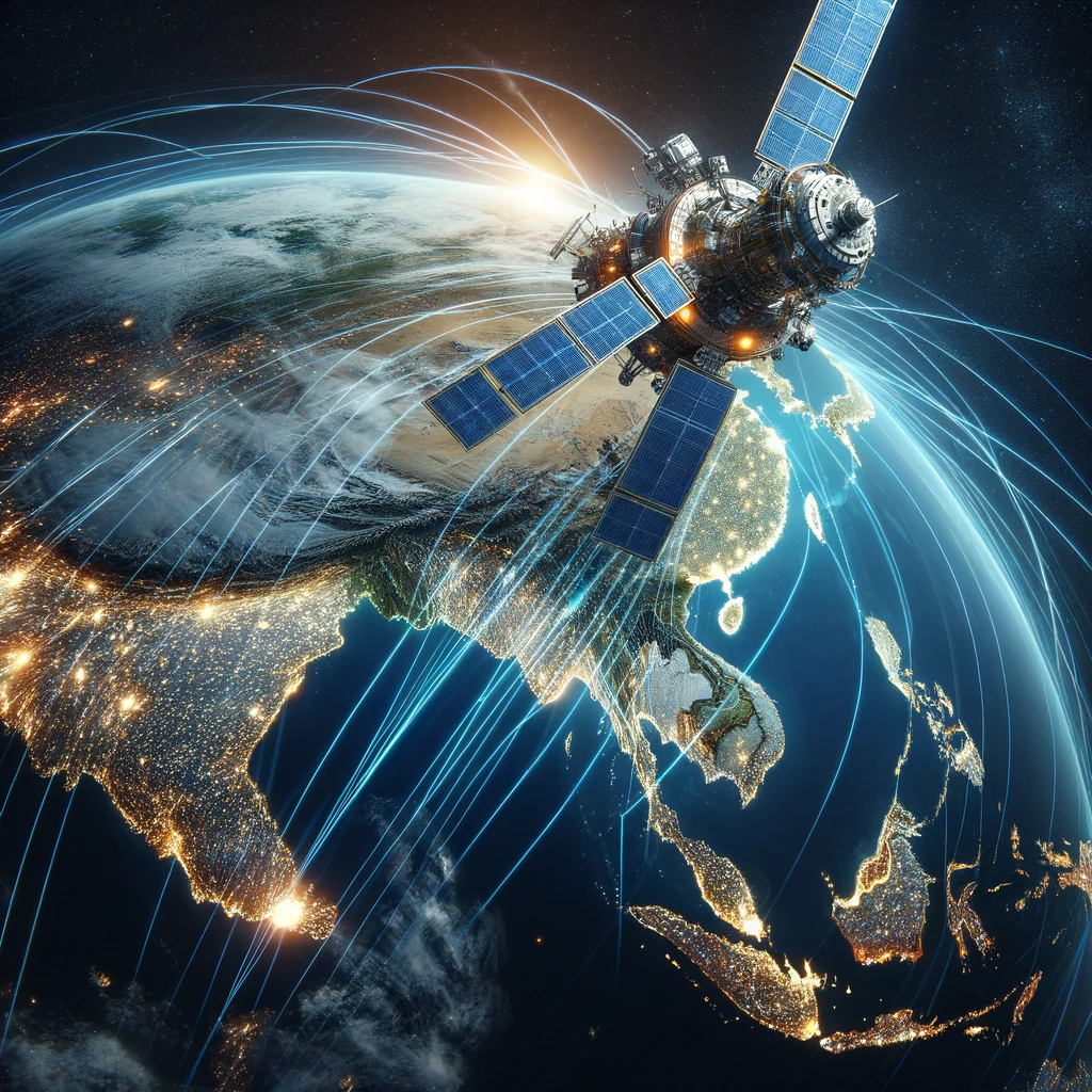 A high-tech satellite in orbit around Earth, showcasing advanced satellite technology and communication beams reaching different parts of Southeast As