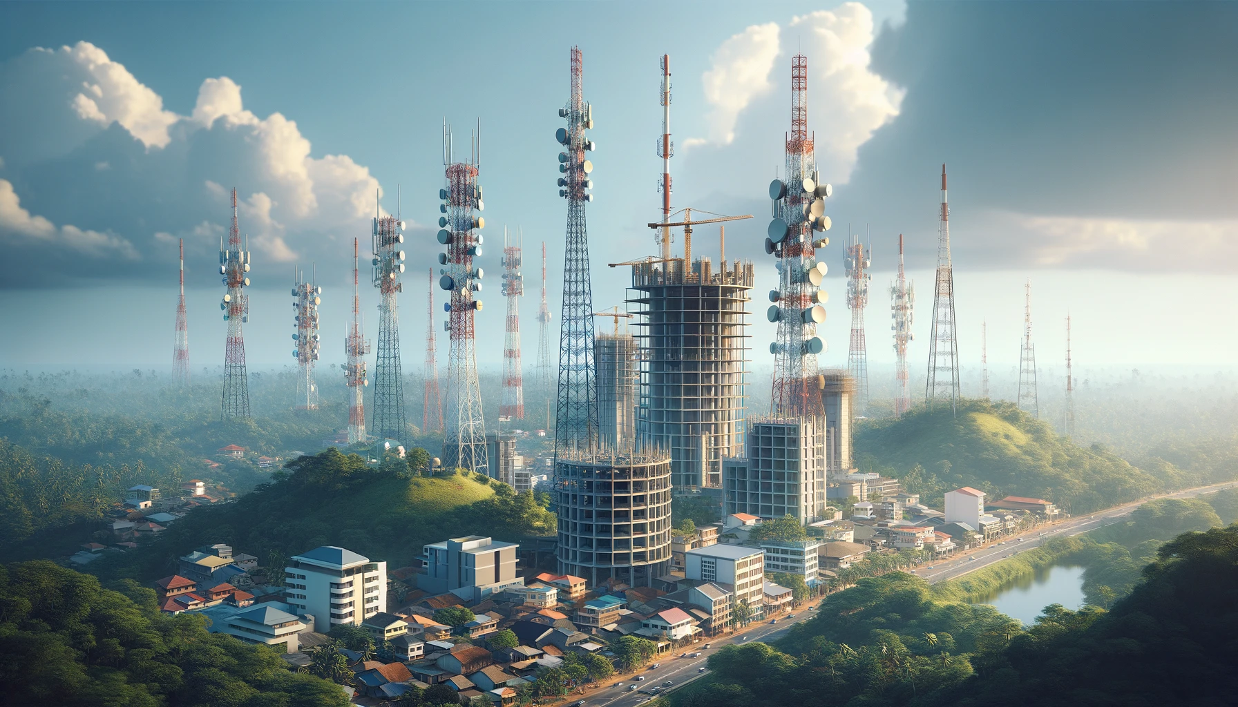 A modern cityscape in Sri Lanka showing multiple telecom towers being constructed, with a clear sky and lush greenery in the background. The scene show