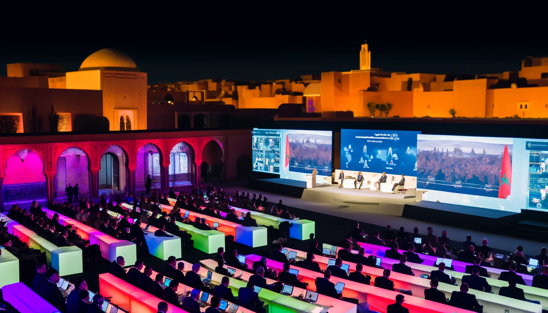 A vibrant high-tech conference in Marrakech, Morocco, featuring a modern conference hall filled with international delegates and speakers, digital screen