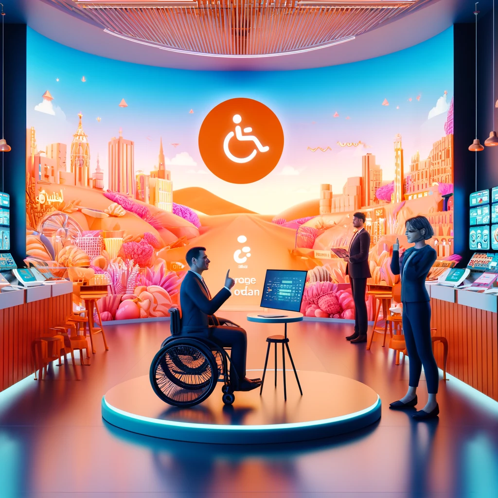 A vibrant scene depicting a modern technology showroom in Jordan. The showroom is designed to be accessible for people with disabilities, featuring di