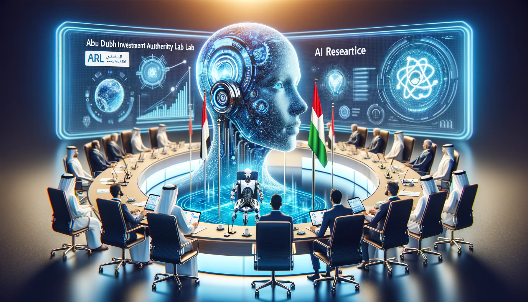 A high-tech conference setting showing representatives from Abu Dhabi Investment Authority Lab (ADIA Lab) and Minsait collaborating on AI research, wi