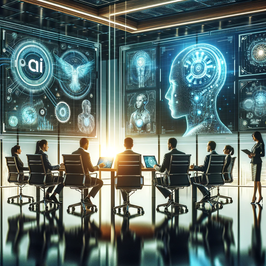 A high-tech collaboration scene showing representatives from Presight and Intel discussing AI technology advancements in a modern conference room, featured