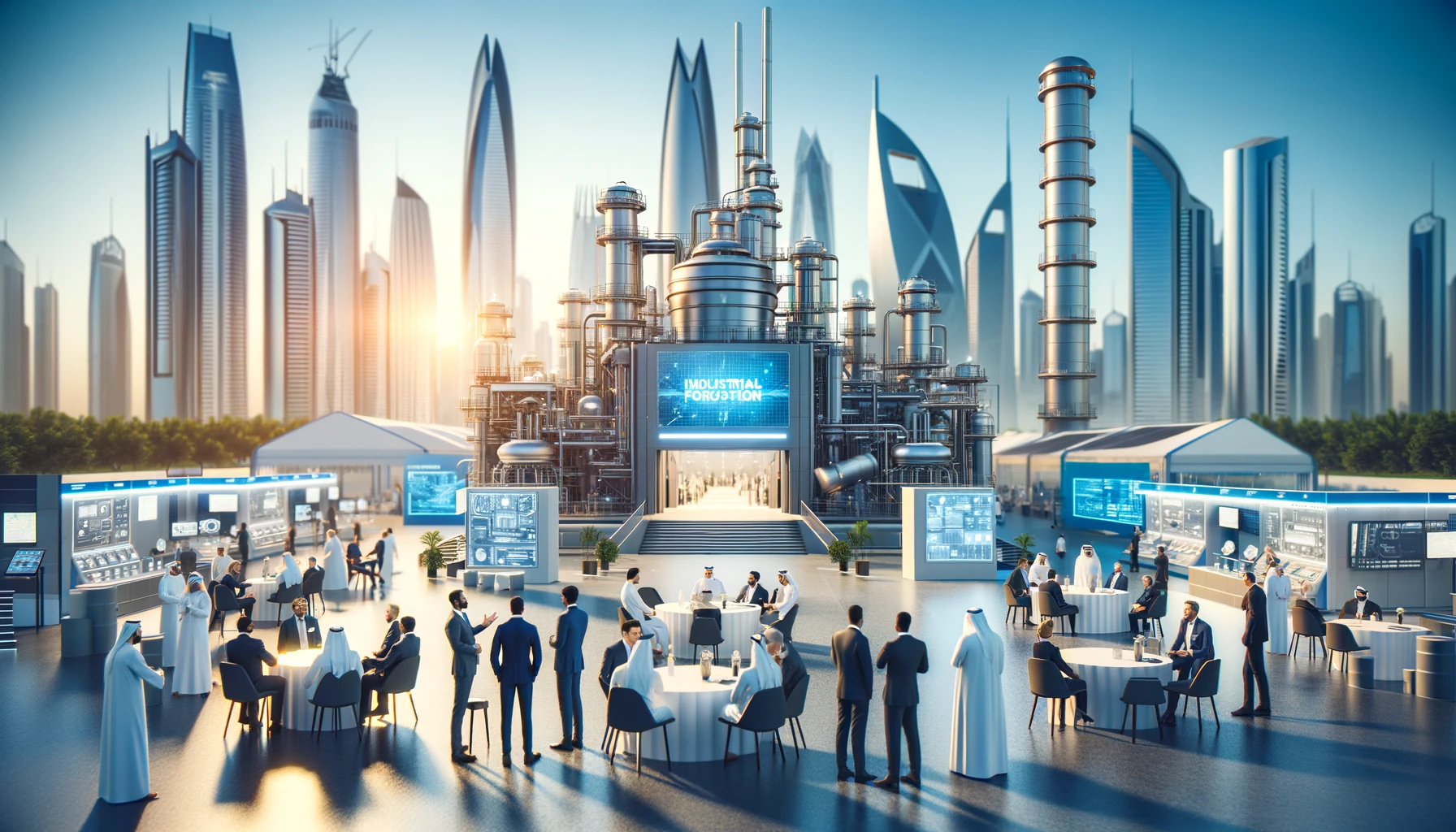 A modern industrial forum scene in Abu Dhabi, featuring a state-of-the-art conference center with advanced technology displays and prominent local and