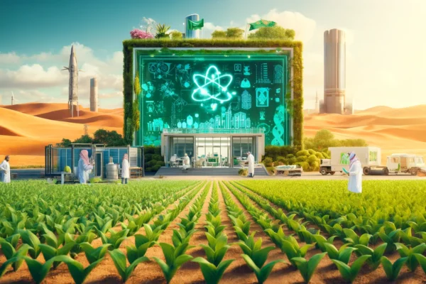 A vibrant scene showcasing innovation in food security in Saudi Arabia. The image features a modern research facility with scientists working on sustainability