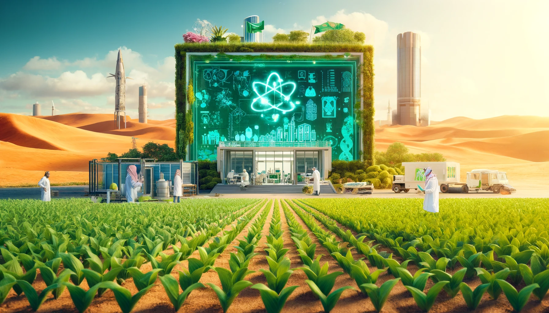 A vibrant scene showcasing innovation in food security in Saudi Arabia. The image features a modern research facility with scientists working on sustainability