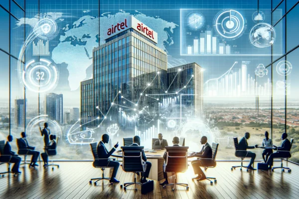 A modern business scene featuring Airtel Africa's headquarters with elements symbolizing financial growth and stability. The image includes a high-tech