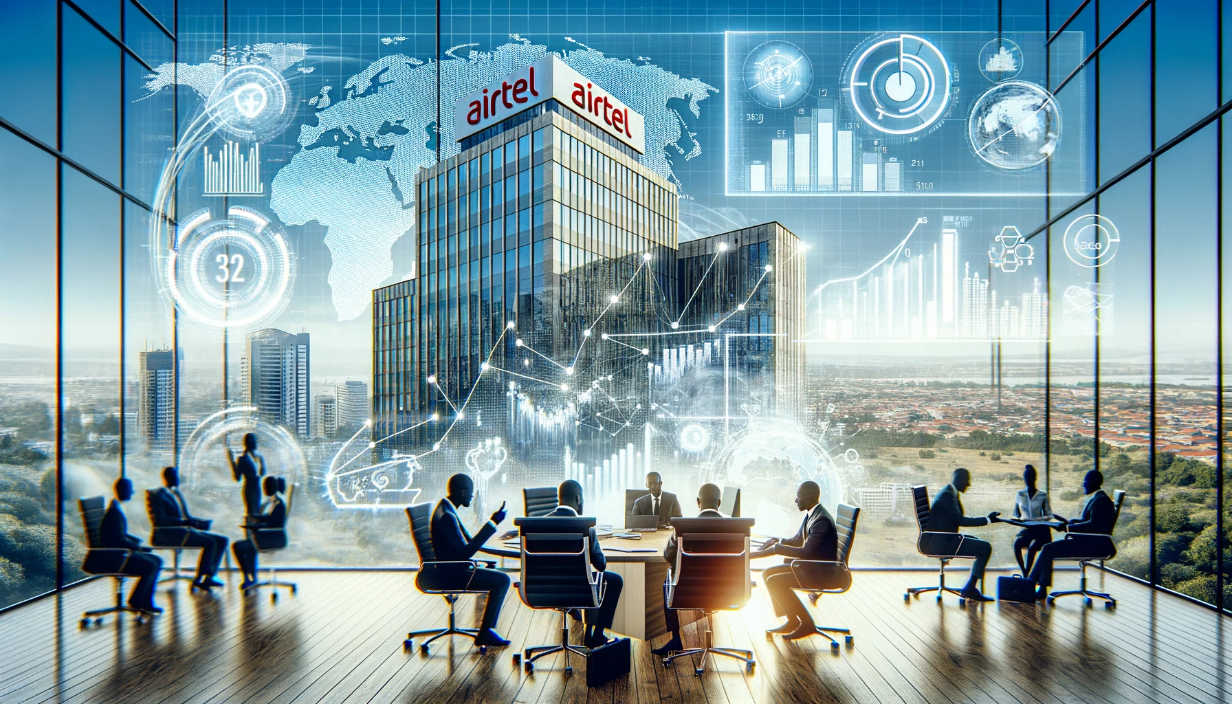 A modern business scene featuring Airtel Africa's headquarters with elements symbolizing financial growth and stability. The image includes a high-tech