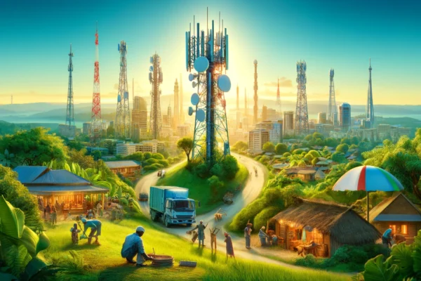 A vibrant scene in Tanzania featuring the construction of telecommunications towers. The image shows workers setting up modern towers in rural and urban.