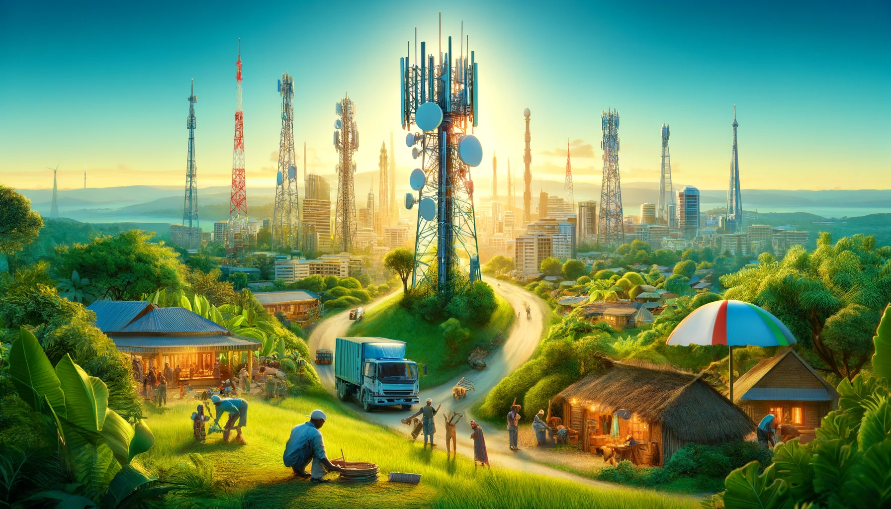 A vibrant scene in Tanzania featuring the construction of telecommunications towers. The image shows workers setting up modern towers in rural and urban.