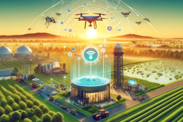 A vibrant scene in Nigeria featuring the integration of AI and smart agriculture. The image shows a modern farm with drones and IoT devices in action,