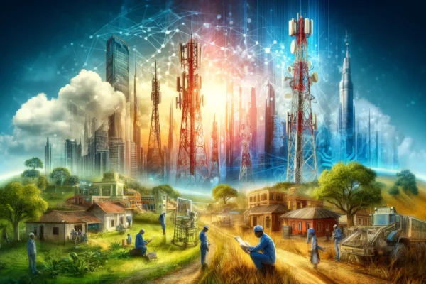 A vibrant scene in Africa showcasing telecommunications infrastructure development. The image features modern telecom towers and technicians working