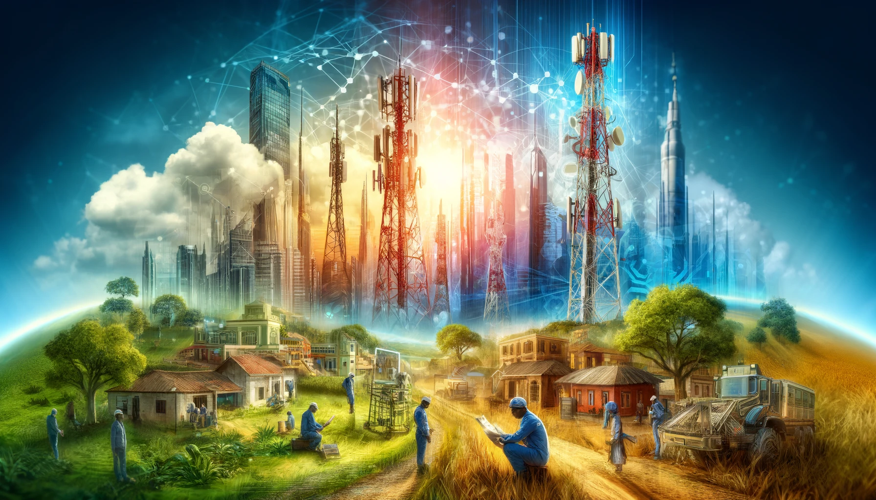 A vibrant scene in Africa showcasing telecommunications infrastructure development. The image features modern telecom towers and technicians working