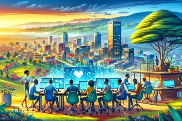 A vibrant scene in Rwanda showcasing digital innovation. The image features a modern innovation hub with young tech professionals working on computers