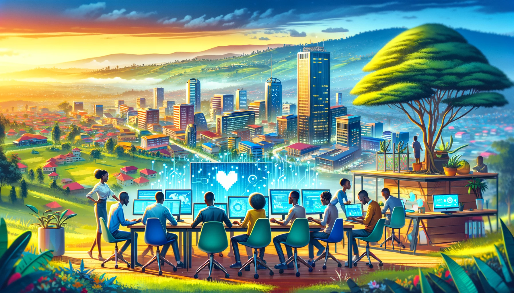 A vibrant scene in Rwanda showcasing digital innovation. The image features a modern innovation hub with young tech professionals working on computers