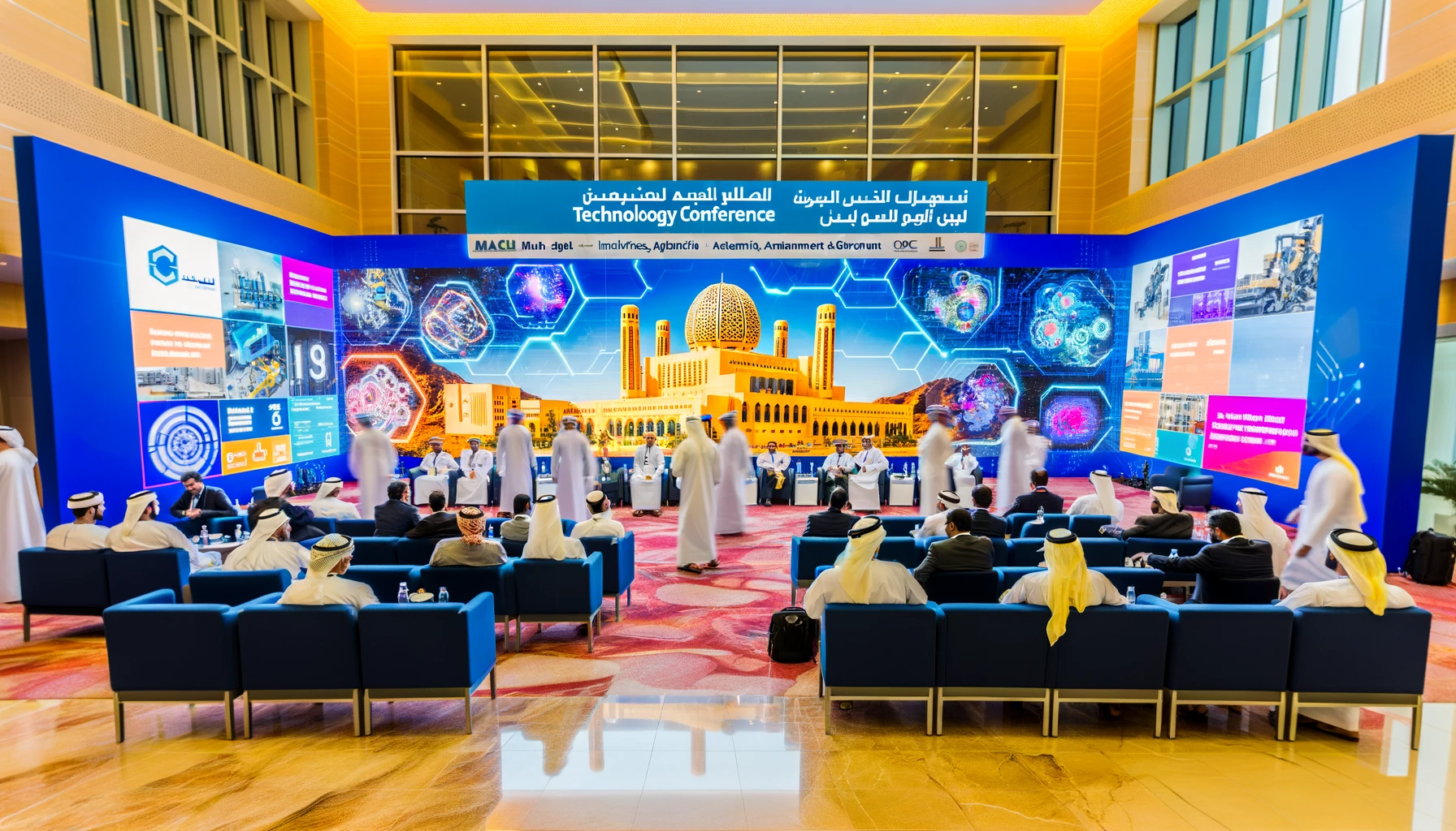 A vibrant scene of an international technology conference in Muscat, Oman. The image features a modern conference hall with attendees from various industries